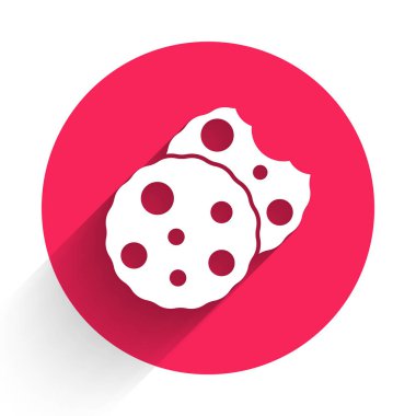 Beyaz Kurabiye ya da uzun gölgeli çikolata ikonlu bisküvi. Kırmızı daire düğmesi. Vektör.