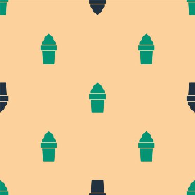 Waffle konisi ikonunda yeşil ve siyah dondurma bej arka planda izole edilmiş pürüzsüz desen. Güzel sembol. Vektör.