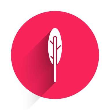 Beyaz Tüy kalem simgesi uzun gölgeli izole edilmiş. Kırmızı daire düğmesi. Vektör.