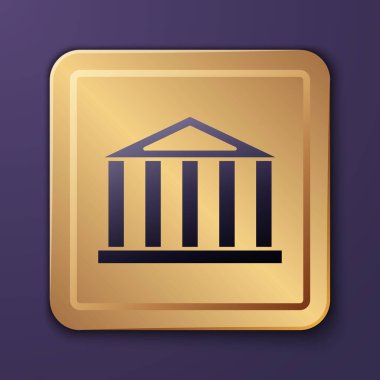 Atina, Akropolis, Yunanistan 'dan Purple Parthenon, mor arka planda izole edilmiş. Antik Yunan ulusal simgesi. Altın kare düğme. Vektör.