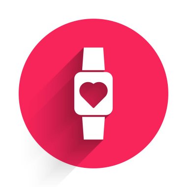 Beyaz Akıllı saat kalp atışı simgesini uzun gölgeli gösteriyor. Fitness uygulaması konsepti. Kırmızı daire düğmesi. Vektör.