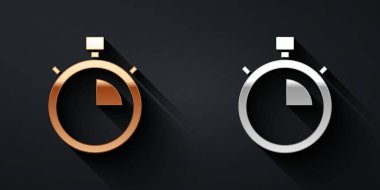 Siyah arkaplanda altın ve gümüş renkli Stopwatch simgesi var. Zaman göstergesi. Kronometre işareti. Uzun gölge tarzı. Vektör.