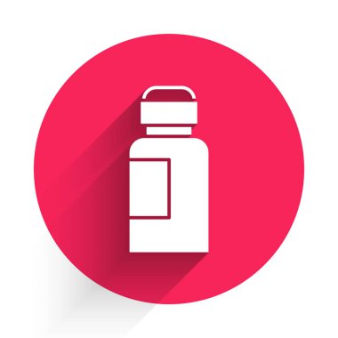 Beyaz boya, guaj, kavanoz, uzun gölgeli izole boya ikonu. Kırmızı daire düğmesi. Vektör.