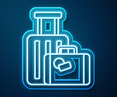 Parlayan neon hattı seyahat simgesi bavulu mavi arkaplanda izole edildi. Seyahat bagaj tabelası. Seyahat bagaj ikonu. Vektör İllüstrasyonu.