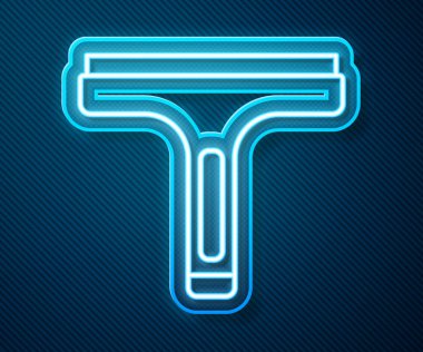 Mavi arkaplanda izole edilmiş pencere simgesi için kauçuk temizleme servisiyle parlayan neon hattı. Silecek, kazıyıcı, silecek. Vektör.