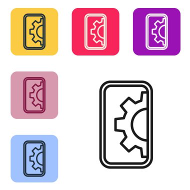 Siyah çizgi Yazılım, Web Geliştirme, programlama konsepti simgesi beyaz arkaplanda izole edildi. Mobil ekranda programlama dili ve program kodu. Renkli kare düğmelerle simgeleri ayarla. Vektör.