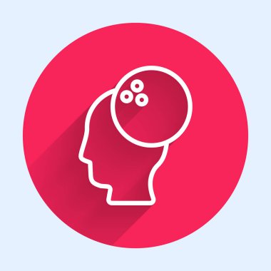 Beyaz çizgi bowling topu ikonu uzun gölgeli izole edilmiş. Spor malzemeleri. Kırmızı daire düğmesi. Vektör.