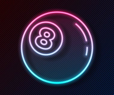 Parlak neon hattı bilardo topu. Siyah arka planda 8 numaralı ikon izole edilmiş. Vektör.