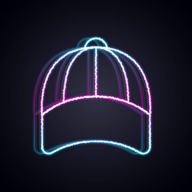 Parlayan neon hattı beyzbol şapkası simgesi siyah arkaplanda izole edildi. Spor malzemeleri. Spor üniforması. Vektör.