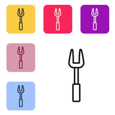 Siyah çizgi barbekü çatalı simgesi beyaz arkaplanda izole edildi. Mangal çatalı tabelası. Barbekü ve ızgara aleti. Renkli kare düğmelerle simgeleri ayarla. Vektör.