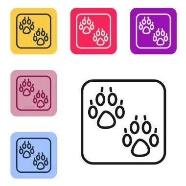 Siyah çizgi Paw yazdırma simgesi beyaz arkaplanda izole edildi. Köpek ya da kedi pençesi izi. Hayvan izleri. Renkli kare düğmelerle simgeleri ayarla. Vektör.