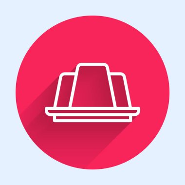 Beyaz çizgi jöleli pasta ikonu uzun gölgeli izole edilmiş. Jöleli puding. Kırmızı daire düğmesi. Vektör.