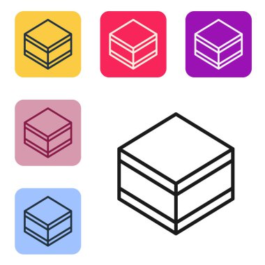 Siyah çizgi çikolatalı kek ikonu beyaz arka planda izole edilmiş. Renkli kare düğmelerle simgeleri ayarla. Vektör.