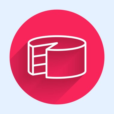 Beyaz çizgi pasta simgesi uzun gölgeli izole edildi. Doğum günün kutlu olsun. Kırmızı daire düğmesi. Vektör.