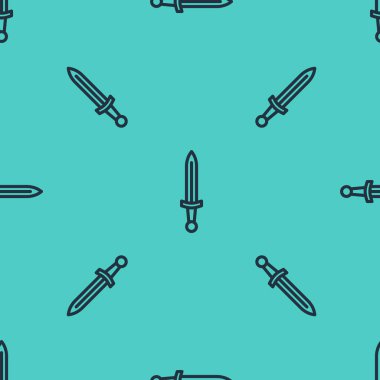 Siyah çizgi Ortaçağ kılıç ikonu yeşil arka planda izole edilmiş kusursuz desen. Ortaçağ silahı. Vektör.