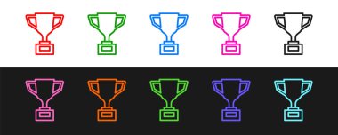 Siyah beyaz arka planda bisiklet ikonu olan çizgi ödül kupasını ayarla. Galibiyet ödülü sembolü. Şampiyonluk ya da yarışma kupası. Spor başarısı. Vektör.