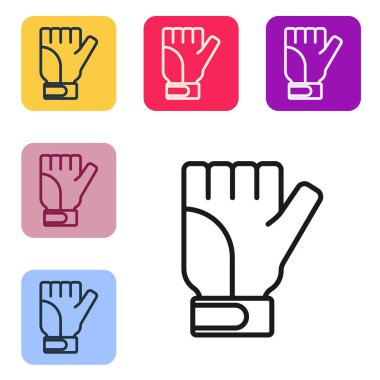 Siyah çizgi eldiven simgesi beyaz arkaplanda izole edildi. Olağanüstü bir spor. Spor malzemeleri. Renkli kare düğmelerle simgeleri ayarla. Vektör.