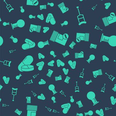 İlaç şişesini ve hapları koltuk değneği ya da koltuk değneği, ilaç hapı ya da tablet ve test tüpünü ve matarayı pürüzsüz desene ayarlayın. Vektör.