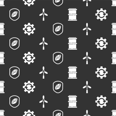 Fıçı, Vites ve okları iş akışı olarak ayarla, yapraklı kalkan ve rüzgar türbini pürüzsüz desende. Vektör.