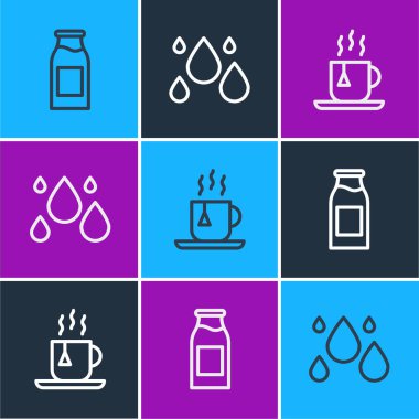 Sütlü bir şişe, çay poşeti ve su damlası ikonu. Vektör.