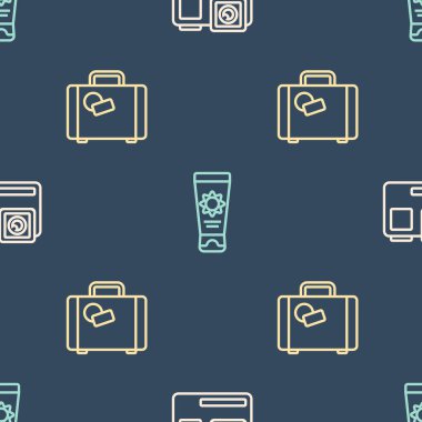 Hat ekstrem kamera, bavul ve güneş kremini pürüzsüz desenli tüpe yerleştir. Vektör.