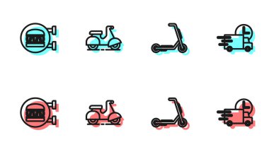 Scooter teslimatını ayarla, çevrimiçi hamburger siparişi ver ve araba ikonuyla hızlı ol. Vektör.