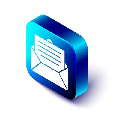 Beyaz arkaplanda izole edilmiş Isometric Zarf simgesi. E- posta mektup sembolü. Mavi kare düğme. Vektör İllüstrasyonu.