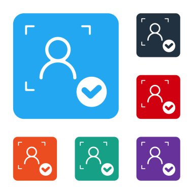 Beyaz yüz tanıma sistemi beyaz arkaplanda işaretleme simgesi ile izole edildi. Yüz tanımlama simgesi. Yüz tanıma. Siber güvenlik kavramı. Renkli kare düğmelerle simgeleri ayarla. Vektör.