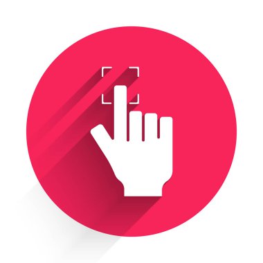 Beyaz Parmak izi simgesi uzun gölgeyle izole edildi. Kimlik uygulaması simgesi. Kimlik işareti. Kimliğe dokun. Kırmızı daire düğmesi. Vektör.