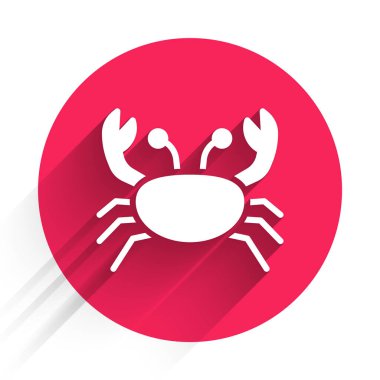 Beyaz Yengeç ikonu uzun gölgeli izole edilmiş. Kırmızı daire düğmesi. Vektör.