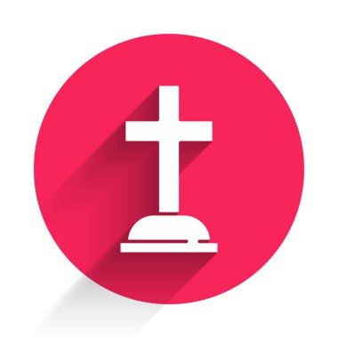 Çapraz simgesi uzun gölgeli Beyaz Tombstone. Mezar ikonu. Kırmızı daire düğmesi. Vektör.