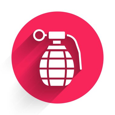 Beyaz El bombası ikonu uzun gölgeli izole edilmiş. Bomba patlaması. Kırmızı daire düğmesi. Vektör.
