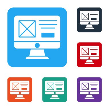 Beyaz UI ya da UX tasarım simgesi beyaz arkaplanda izole edildi. Renkli kare düğmelerle simgeleri ayarla. Vektör.