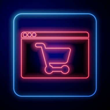 Parlayan neon çevrimiçi alışveriş mavi arkaplanda izole edilmiş ekran simgesi. Konsept e-ticaret, e-ticaret, online iş pazarlama. Vektör.
