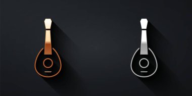 Siyah arkaplanda altın ve gümüş gitar ikonu var. Akustik gitar. Telli müzik aleti. Uzun gölge tarzı. Vektör.