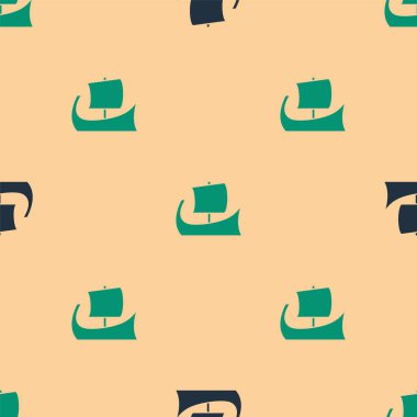 Yeşil ve siyah Antik Yunan trireme ikonu bej arkaplandaki kusursuz deseni izole etti. Vektör.