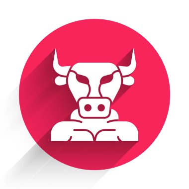 Beyaz Minotor simgesi uzun gölgeli izole edilmiş. Efsanevi Yunan güçlü yaratığı Girit labirentinden efsanevi yarı insan boğa minotor. Kırmızı daire düğmesi. Vektör.