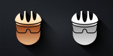 Siyah arkaplanda altın ve gümüş bisiklet başlığı simgesi var. Olağanüstü bir spor. Spor malzemeleri. Uzun gölge tarzı. Vektör.