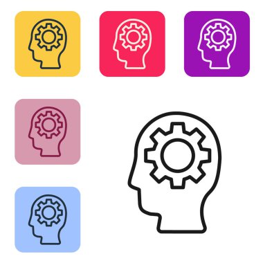 Siyah çizgi insan kafası ve beyaz arka planda izole edilmiş ikon içerisindeki dişliler. Yapay zeka. Düşünen beyin. Beynin sembol çalışması. Renkli kare düğmelerle simgeleri ayarla. Vektör İllüstrasyonu.