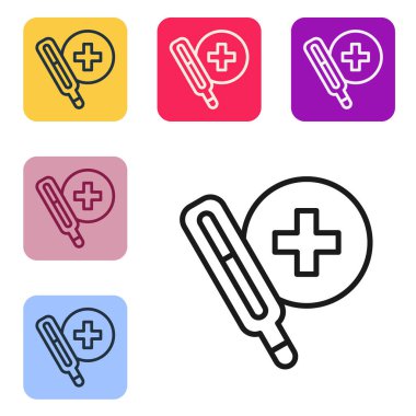 Tıbbi inceleme için siyah çizgi termometresi beyaz arka planda izole edilmiş. Renkli kare düğmelerle simgeleri ayarla. Vektör.