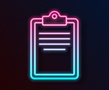 Siyah arkaplanda izole edilmiş kontrol listesi simgesiyle parlayan neon çizgi panosu. Kontrol listesi sembolü. Anket anketi ya da anket geri bildirim formu. Vektör.