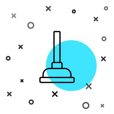 Beyaz arka planda izole edilmiş boru temizleme ikonu için tahta saplı siyah çizgili lastik pompa. Tuvalet pompası. Rastgele dinamik şekiller. Vektör.