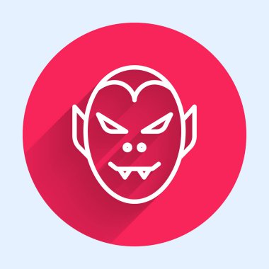 Beyaz çizgi vampir ikonu uzun gölgeli izole edilmiş. Mutlu Cadılar Bayramı Partisi. Kırmızı daire düğmesi. Vektör.