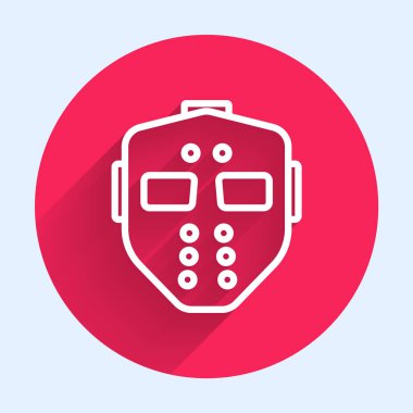 Beyaz çizgi Hokey maskesi simgesi uzun gölgeli izole edilmiş. Mutlu Cadılar Bayramı Partisi. Kırmızı daire düğmesi. Vektör.