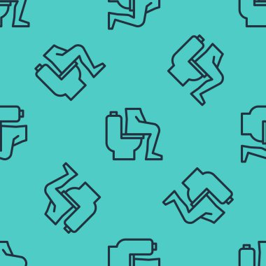 Tuvalette oturan siyah çizgi adamları ve kabızlık şiddetli karın ağrısı ikonu yeşil arka planda izole edilmiş pürüzsüz desen yaşıyor. Vektör.