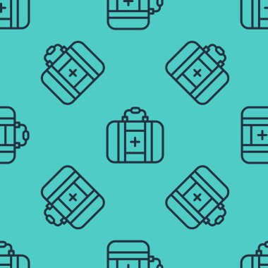 Siyah çizgi ilk yardım çantasının simgesi yeşil arkaplandaki pürüzsüz deseni izole etti. Haçlı sağlık kutusu. Acil durumlar için tıbbi ekipman. Sağlık sigortası konsepti. Vektör.