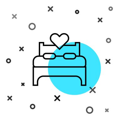 Siyah çizgi yatak odası simgesi beyaz arkaplanda izole edildi. Düğün, aşk, evlilik sembolü. Balayı koleksiyonundan yatak odası yaratıcı ikonu. Rastgele dinamik şekiller. Vektör.