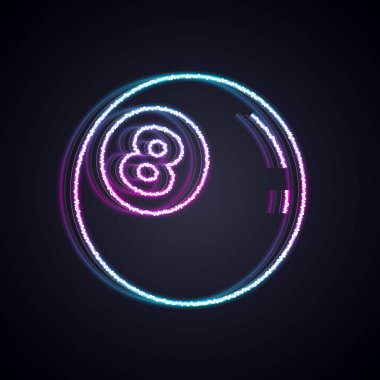 Parlak neon hattı bilardo topu. Siyah arka planda 8 numaralı ikon izole edilmiş. Vektör.