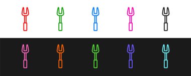 Siyah ve beyaz arkaplanda ızgara çatalı simgesi belirle. Mangal çatalı tabelası. Barbekü ve ızgara aleti. Vektör.