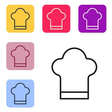 Siyah çizgi Şefi şapkası simgesi beyaz arkaplanda izole edildi. Aşçılık sembolü. Aşçı şapkası. Renkli kare düğmelerle simgeleri ayarla. Vektör.
